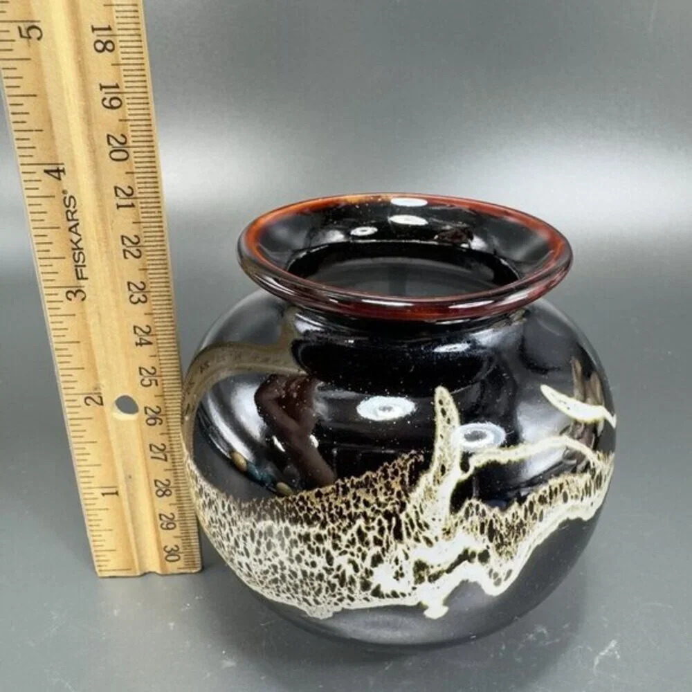 Vintage 1980s Speckled Drip Glaze‎ Pottery Round Bottom Vase Vessel Marked VTG